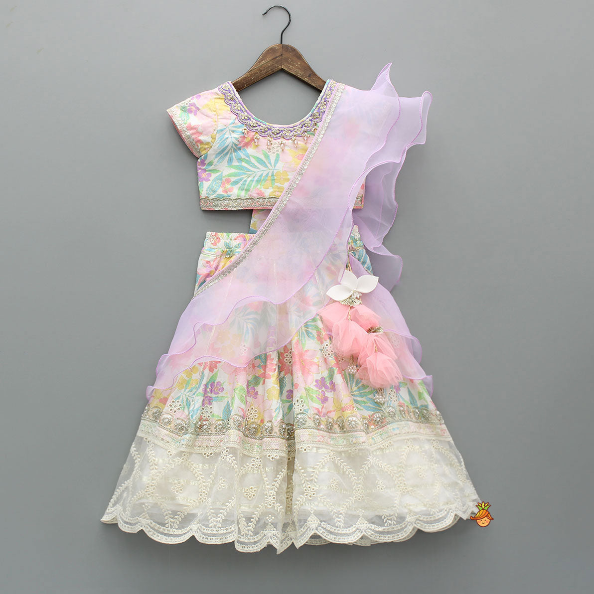 Gorgeous Floral Printed Embellished Top With Matching Lehenga And Attached Dupatta