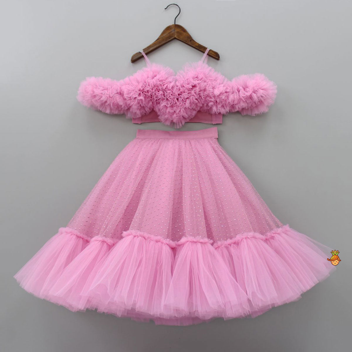 Gorgeous Pink Ruffle Net Heart Top With Ruffled Lehenga