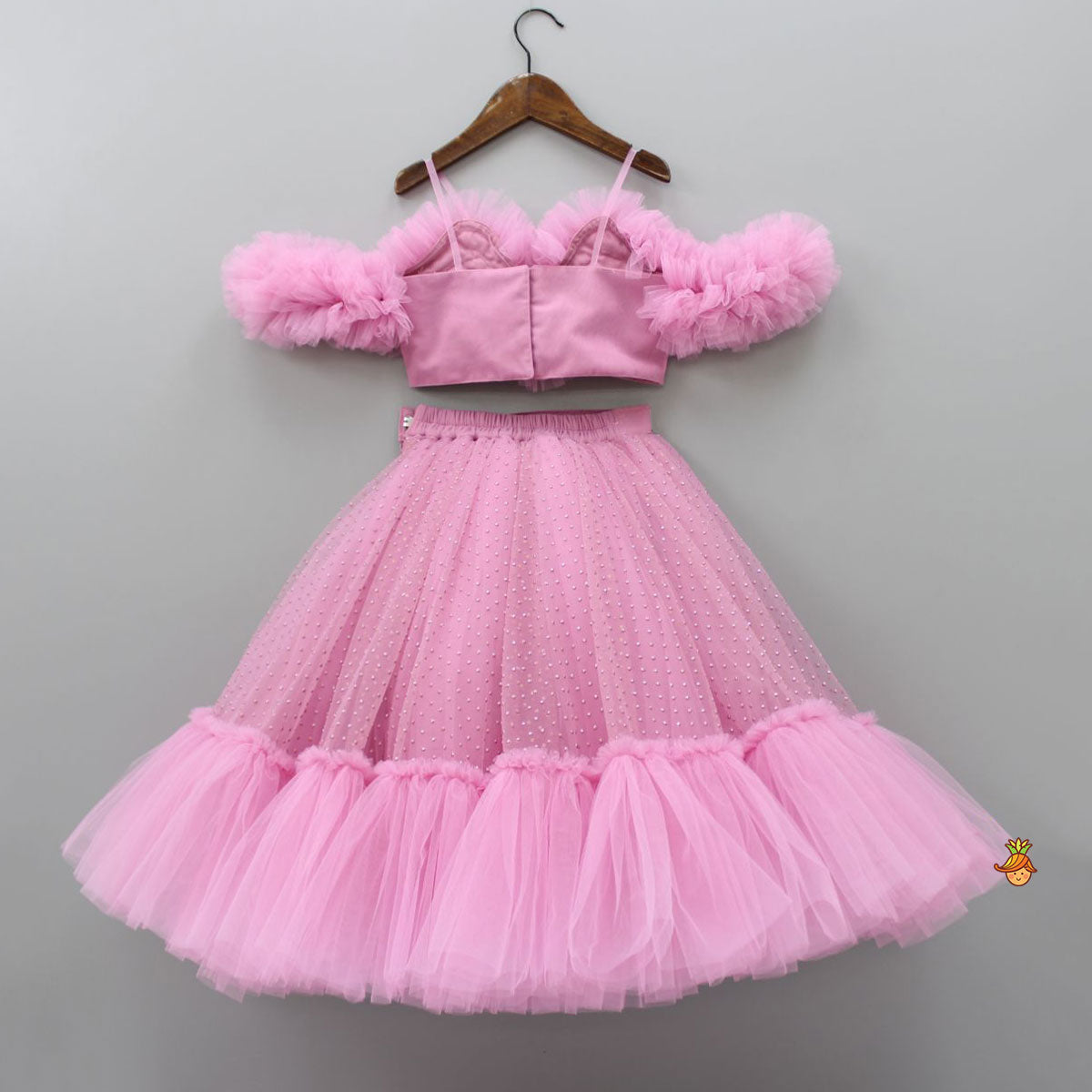 Gorgeous Pink Ruffle Net Heart Top With Ruffled Lehenga