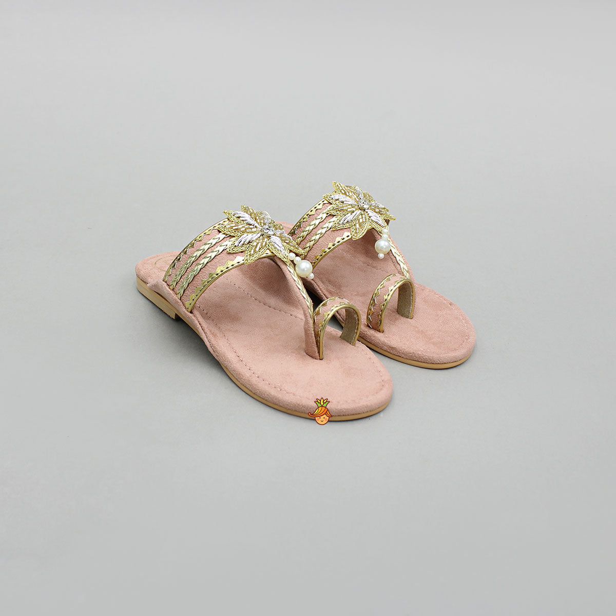 Peach Floral Detailed Embellished Kolhapuri Flats