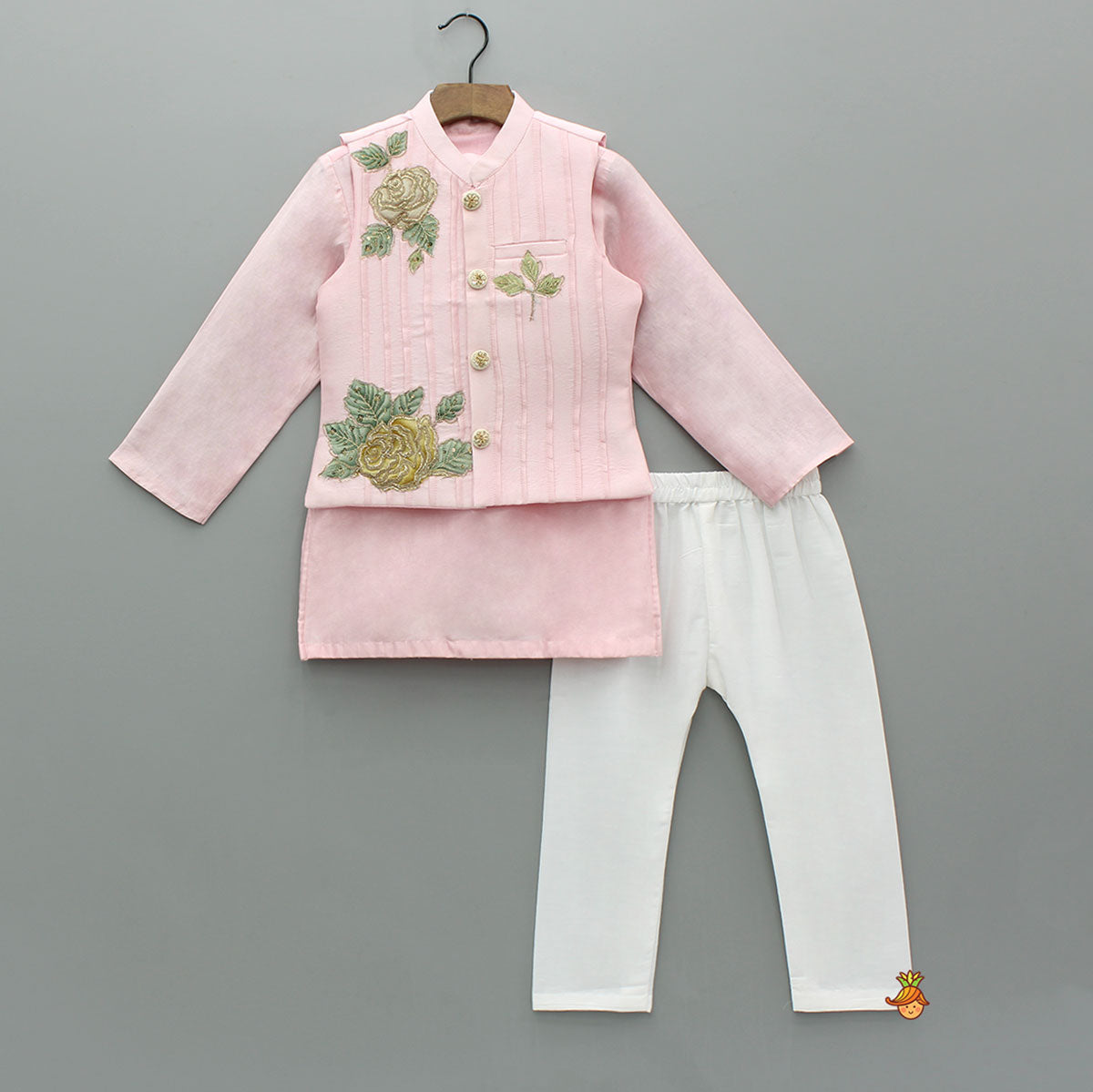 Pink Kurta With Floral Embroidered Jacket And Pyjama
