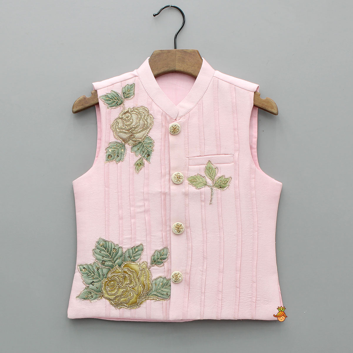 Pink Kurta With Floral Embroidered Jacket And Pyjama