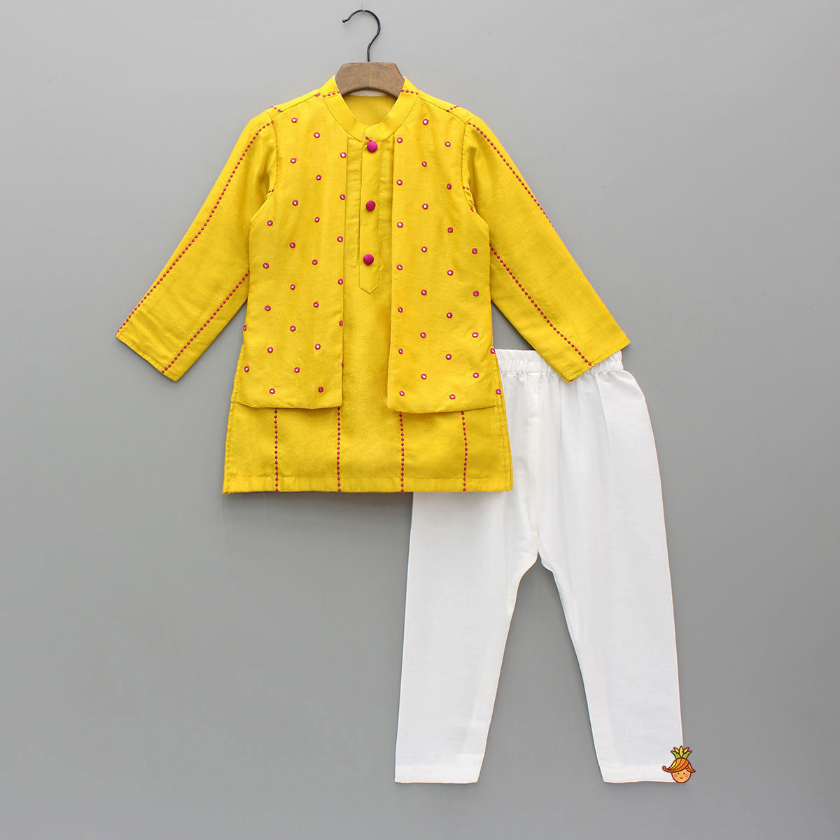 Faux Jacket Style Faux Mirror Embroidered Kurta And Pyjama