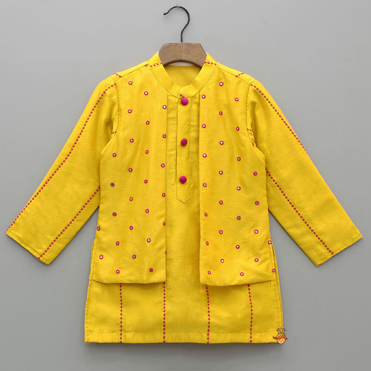 Faux Jacket Style Faux Mirror Embroidered Kurta And Pyjama