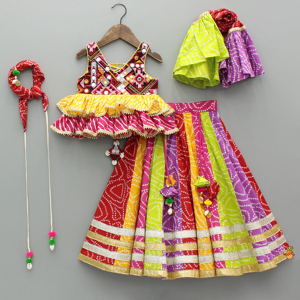 Faux Mirror Embroidered Colourful Tiered Top With Multicolour Bandhani Lehenga And Dupatta With Bandana