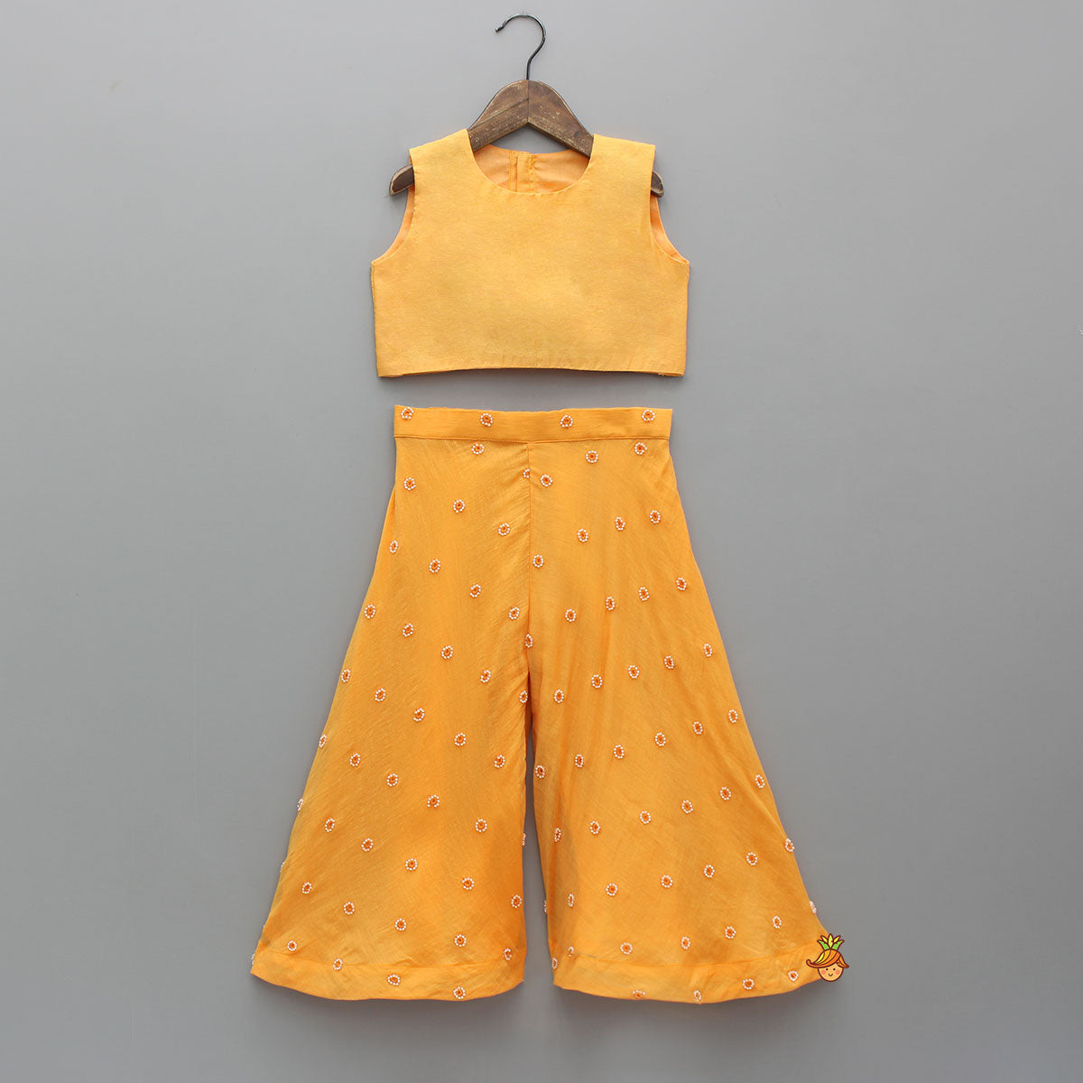 Sleeveless Orange Top With Tie Up Embroidered Jacket And Palazzo