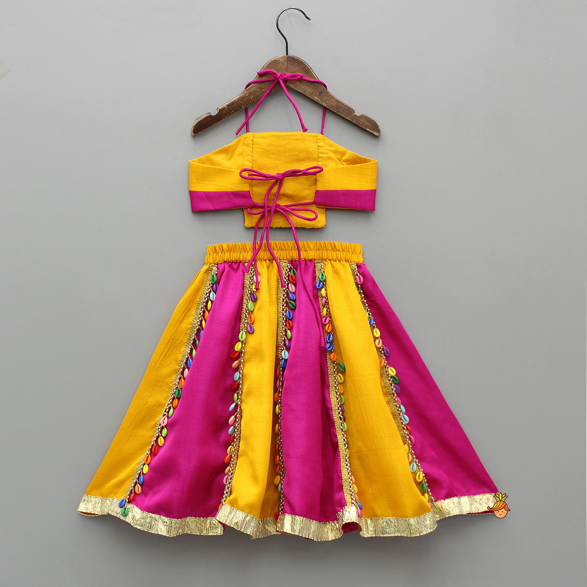 Cowrie Shell Embellished Yellow Embroidered Top With Lehenga