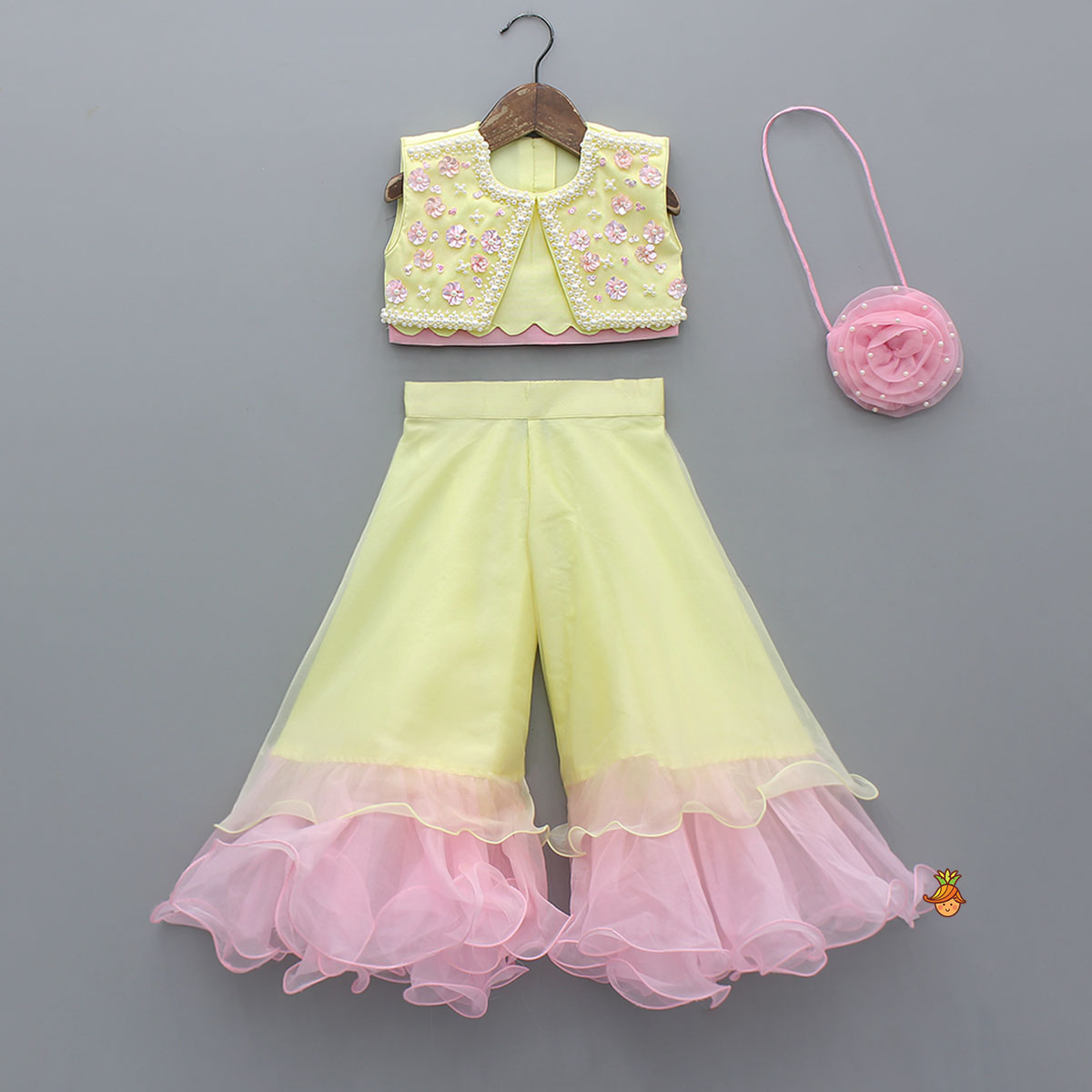 Scallop Designed Top And Ruffle Hem Palazzo With Floral Sling Bag