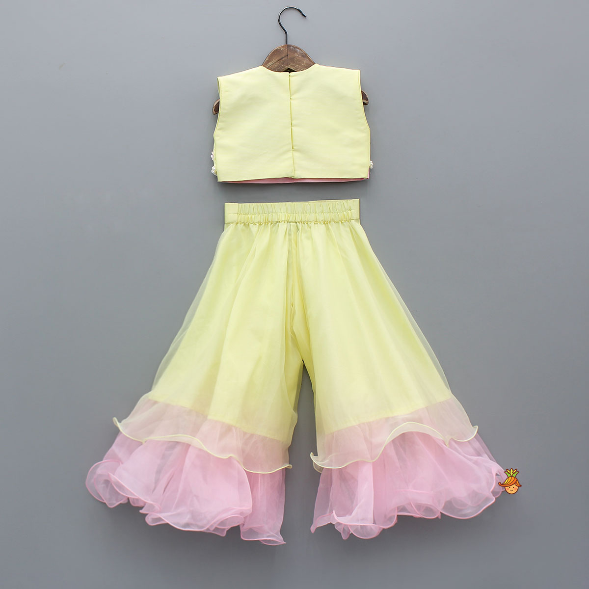 Scallop Designed Top And Ruffle Hem Palazzo With Floral Sling Bag