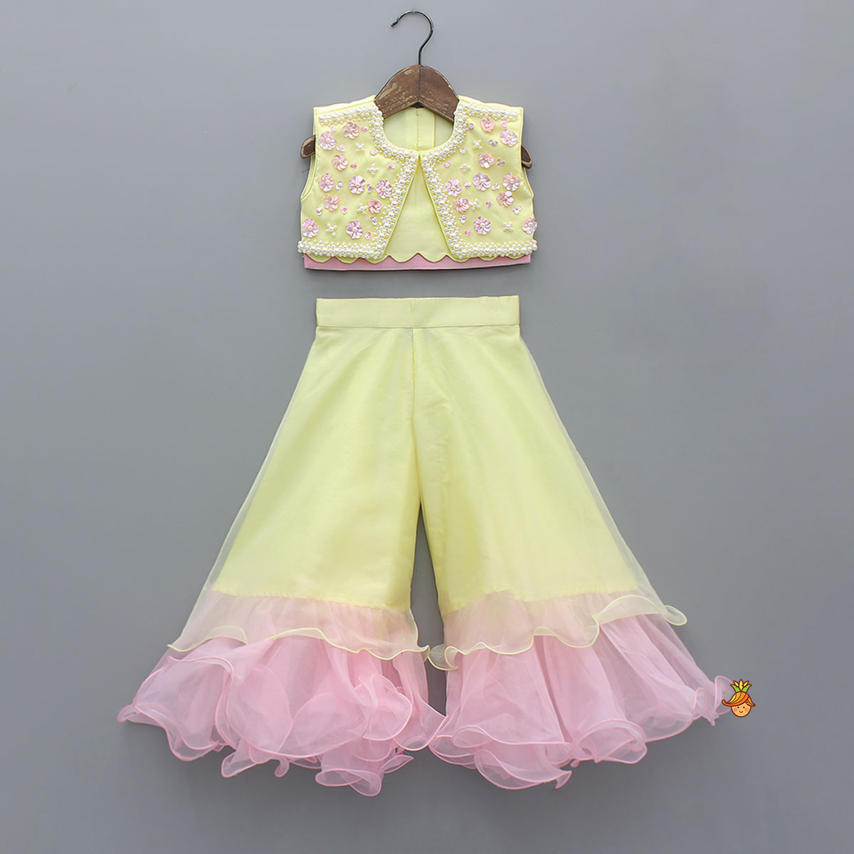 Scallop Designed Top And Ruffle Hem Palazzo With Floral Sling Bag