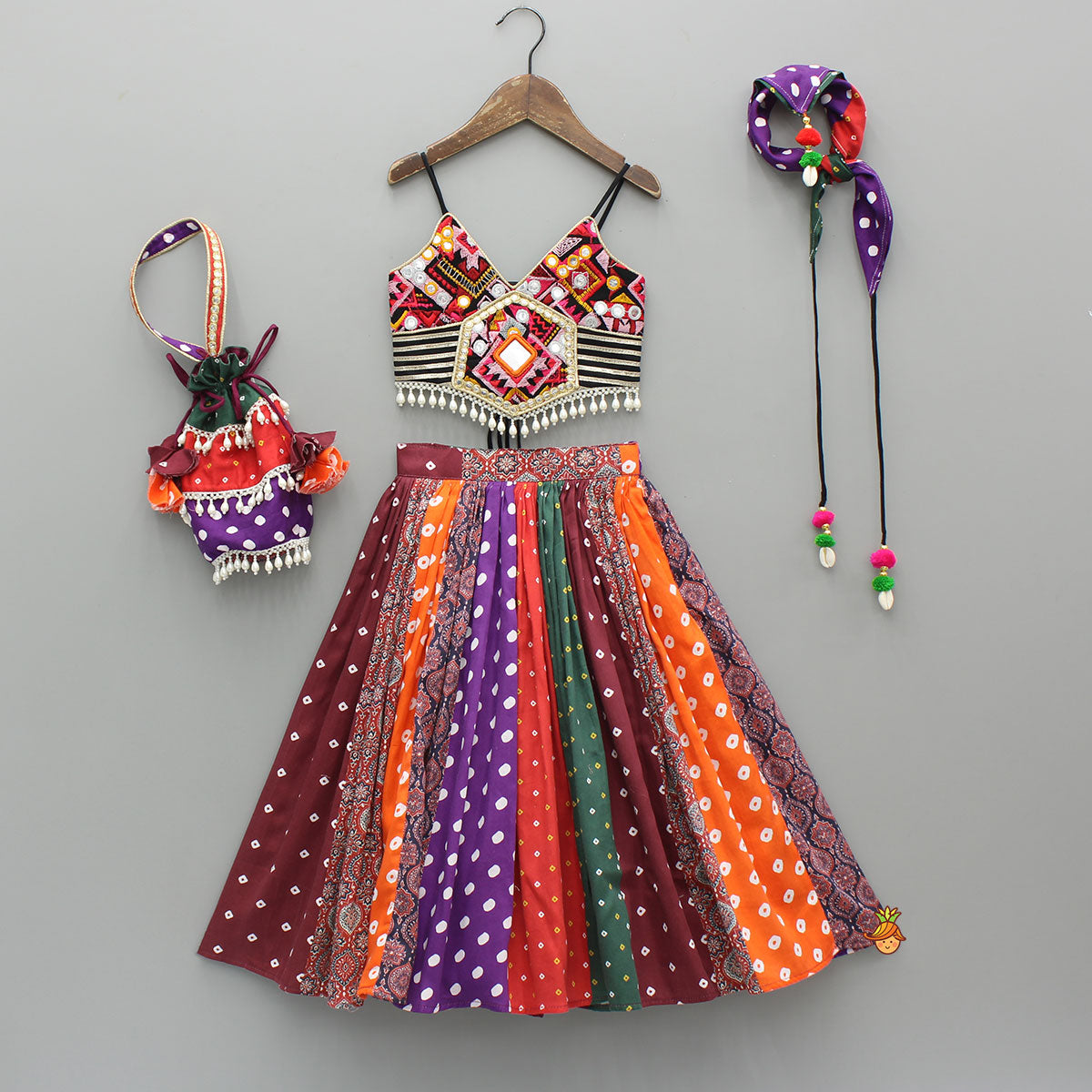 Strappy Mirror Embroidered Multicolour Top With Lehenga And Bandana With Potli Bag