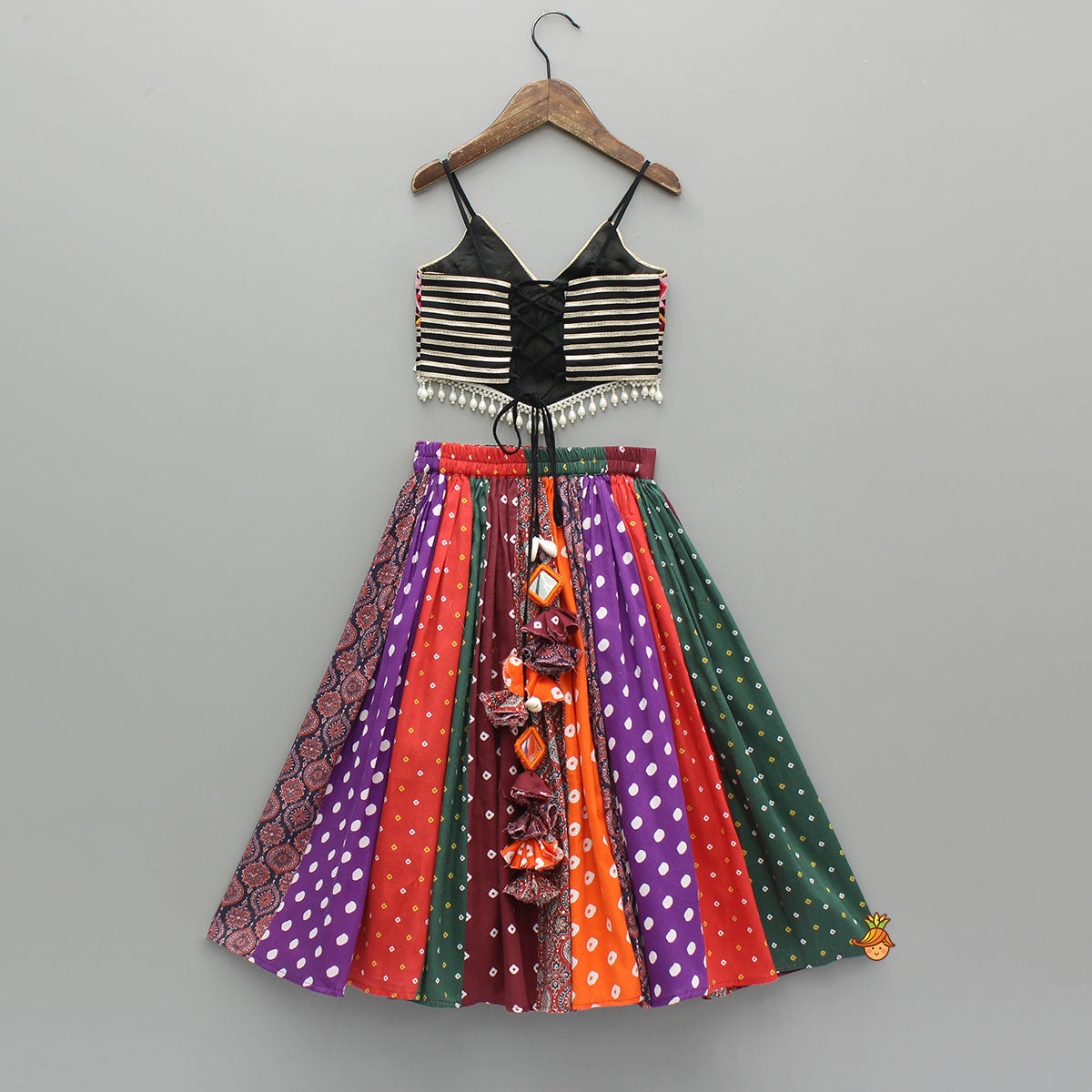 Strappy Mirror Embroidered Multicolour Top With Lehenga And Bandana With Potli Bag