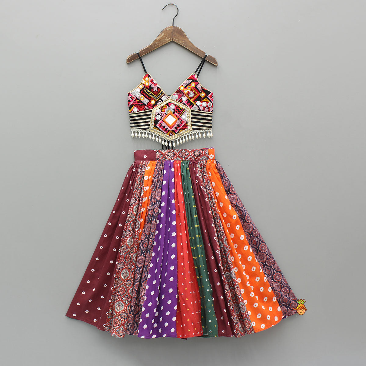 Strappy Mirror Embroidered Multicolour Top With Lehenga And Bandana With Potli Bag