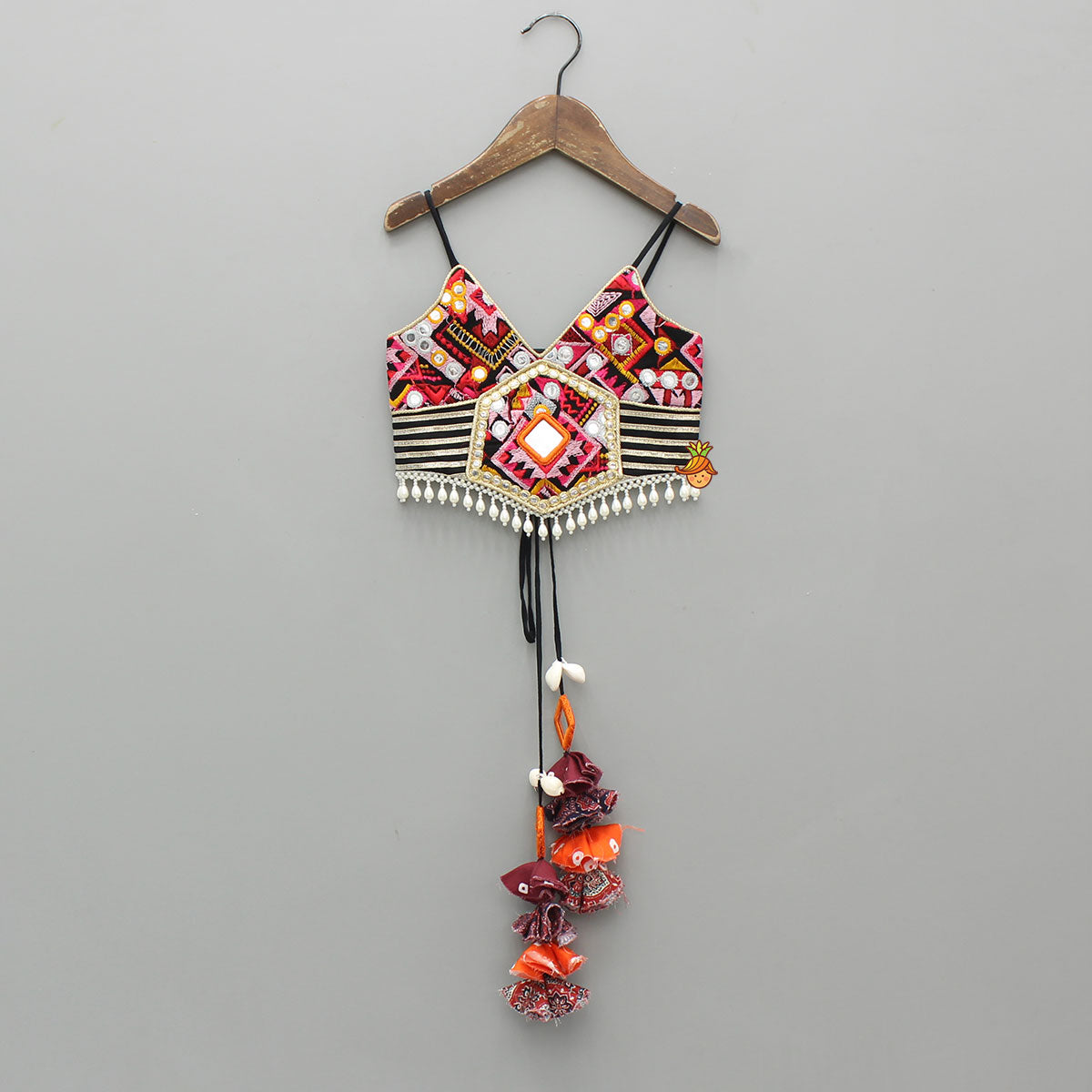 Strappy Mirror Embroidered Multicolour Top With Lehenga And Bandana With Potli Bag