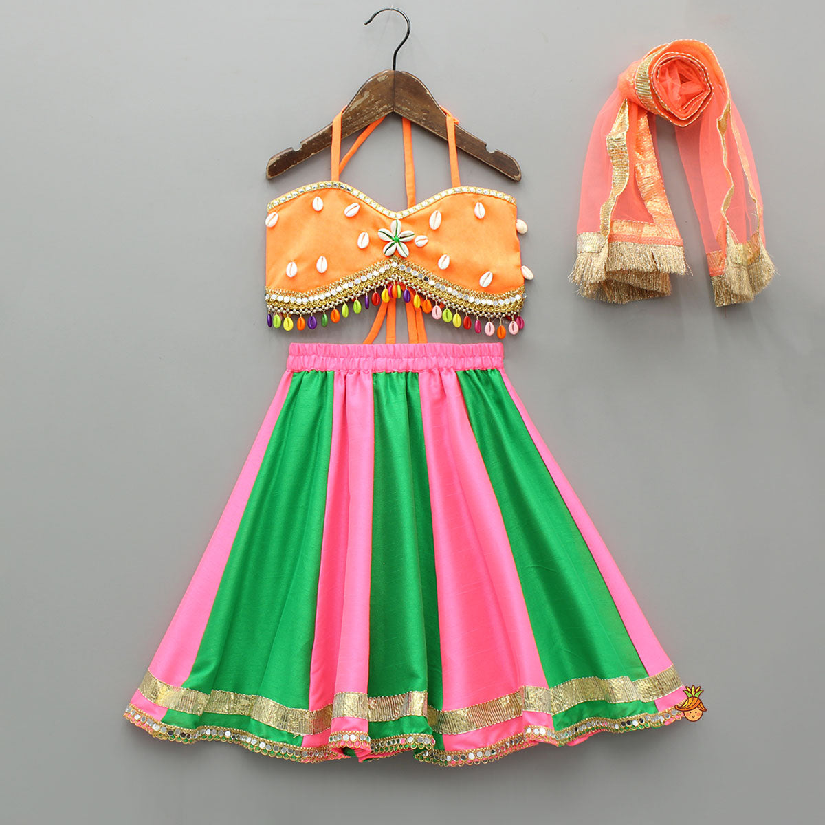 Stunning Shell Embellished Crop Top With Neon Lehenga And Dupatta
