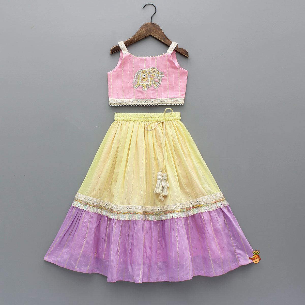 Strappy Elephant Embroidered Top With Dual Toned Lehenga