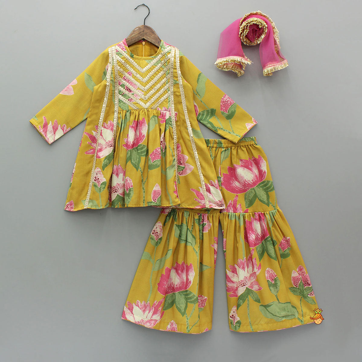 Floral Printed Lace Detailed Kurti With Sharara And Dupatta