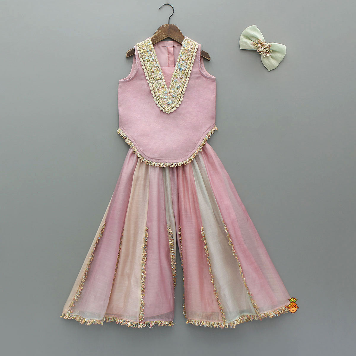 Heavy Beaded Yoke Top With Palazzo And Hair Clip