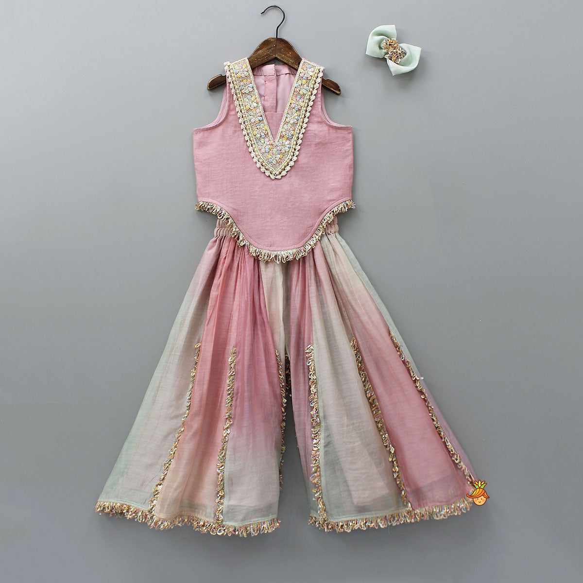 Heavy Beaded Yoke Top With Palazzo And Hair Clip