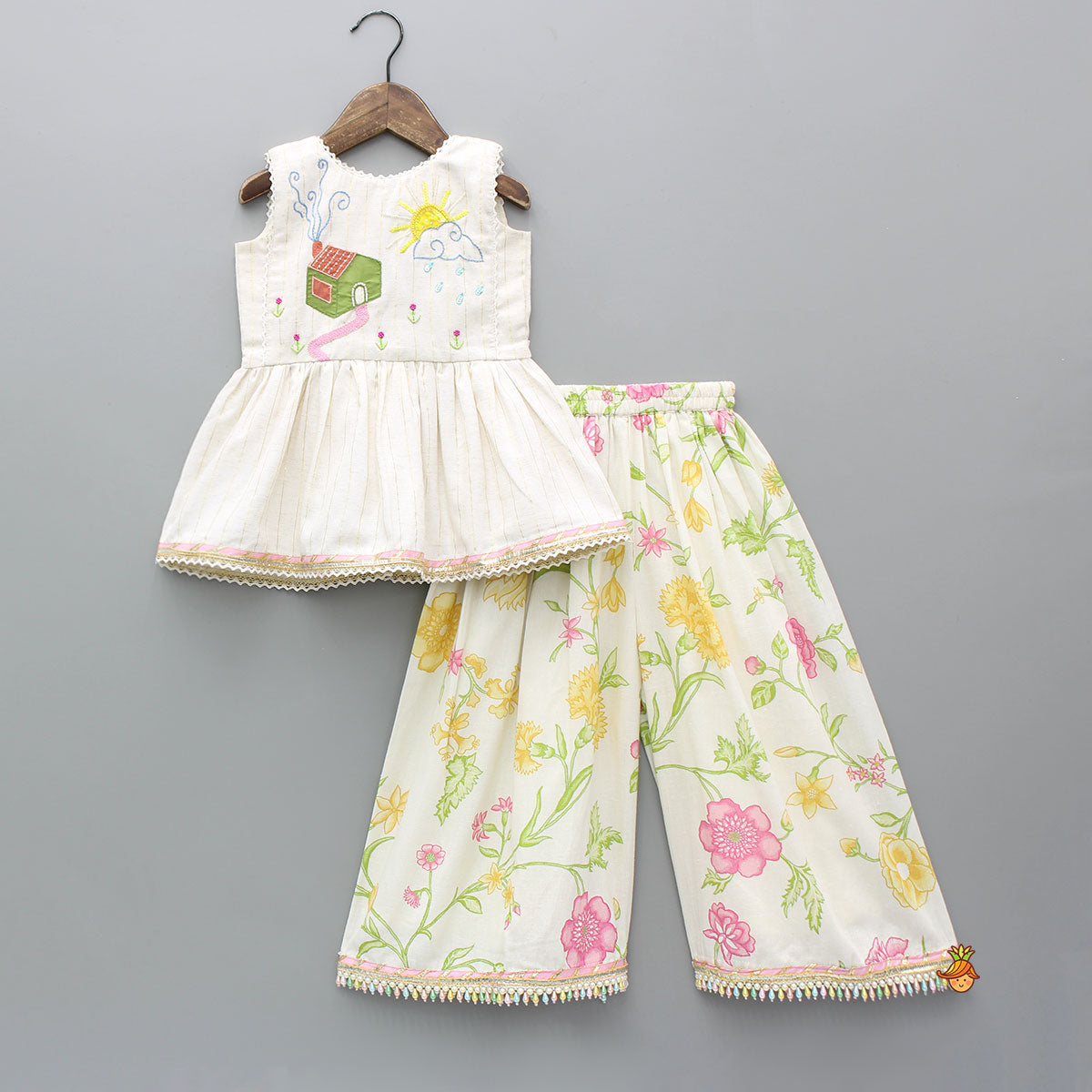 Multicolour Embroidered Peplum Kurti With Floral Printed Culotte