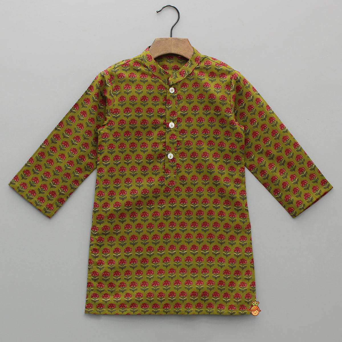 Floral Printed Green Kurta With Pocket Detail Jacket And Pyjama