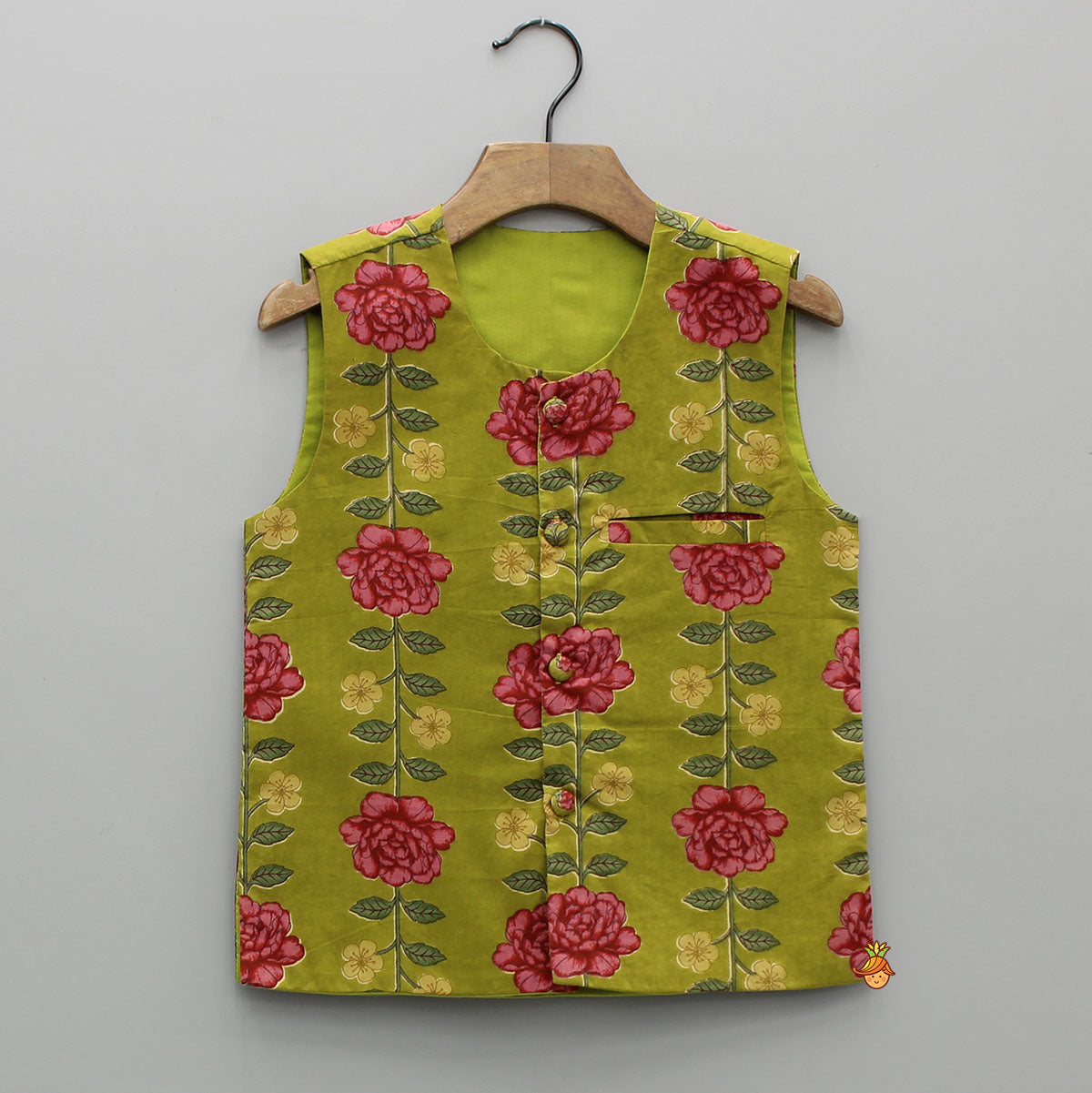 Floral Printed Green Kurta With Pocket Detail Jacket And Pyjama