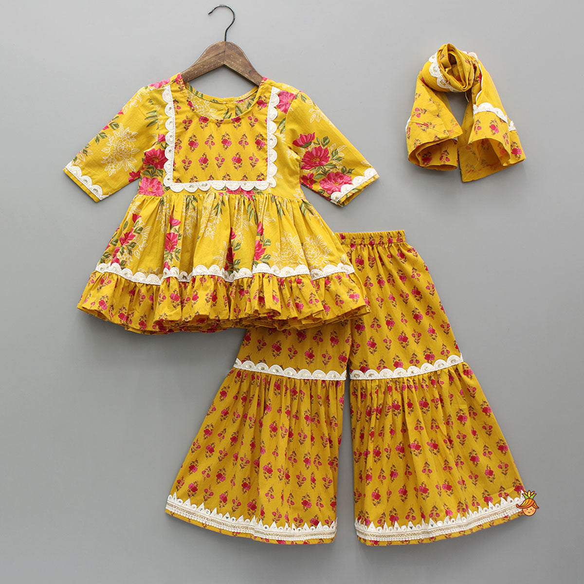 Multicolour Floral Printed Cotton Kurti With Sharara And Dupatta
