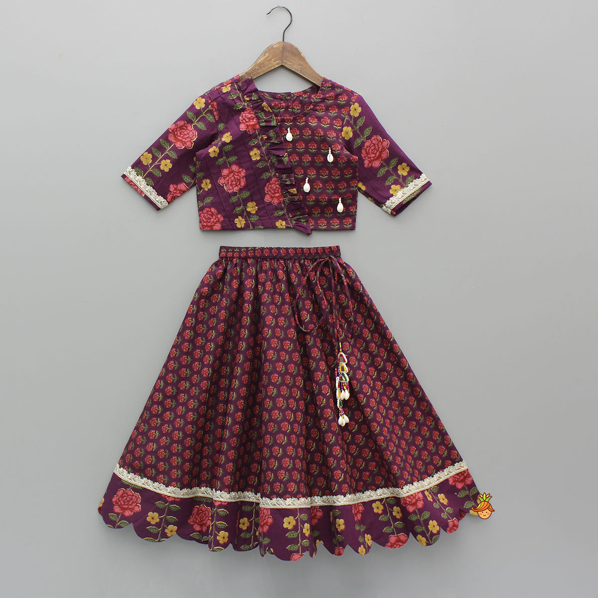Floral Printed Pin Tuck Detailed Purple Top With Matching Lehenga