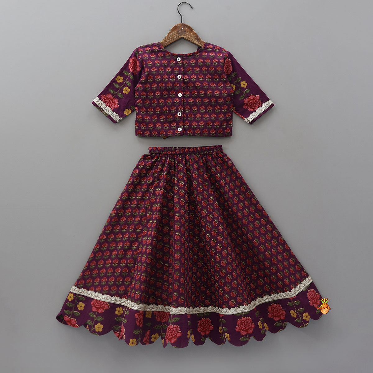Floral Printed Pin Tuck Detailed Purple Top With Matching Lehenga