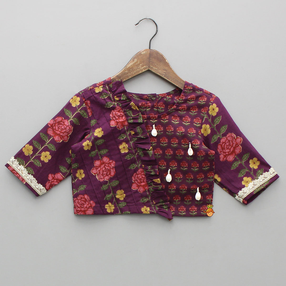 Floral Printed Pin Tuck Detailed Purple Top With Matching Lehenga