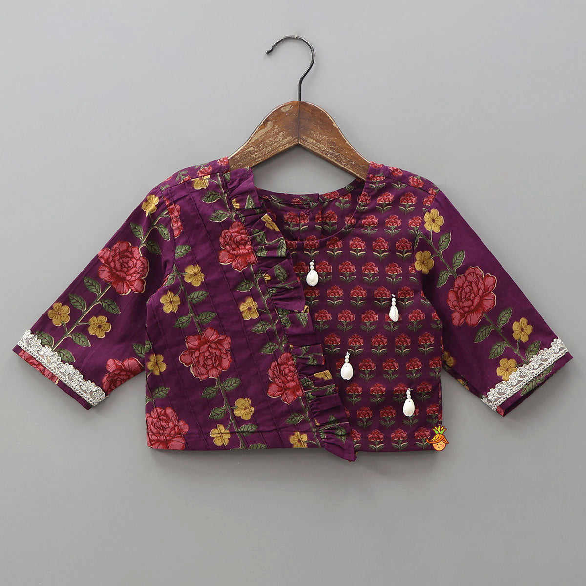 Floral Printed Pin Tuck Detailed Purple Top With Matching Lehenga