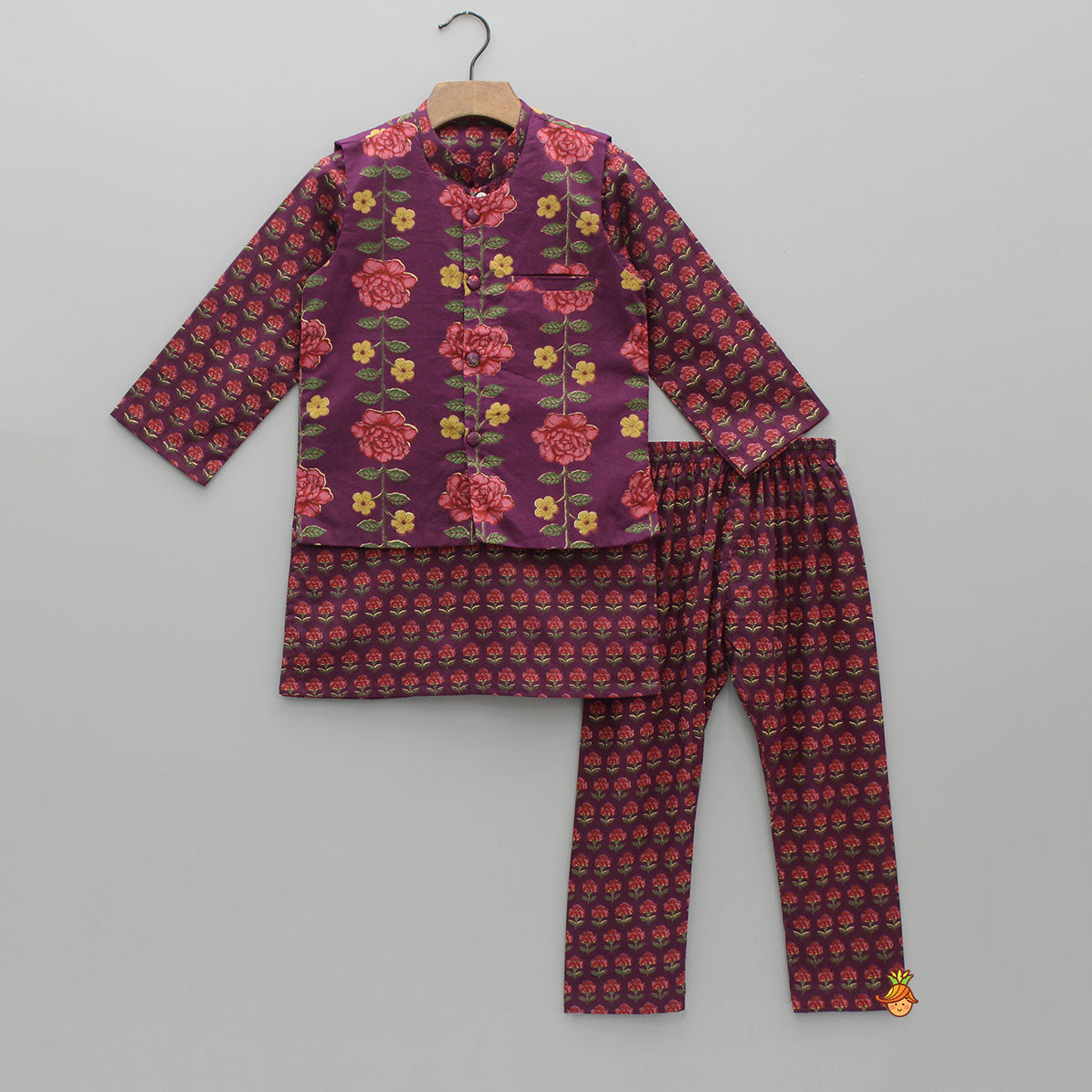 Floral Printed Purple Cotton Kurta With Matching Printed Jacket And Pyjama