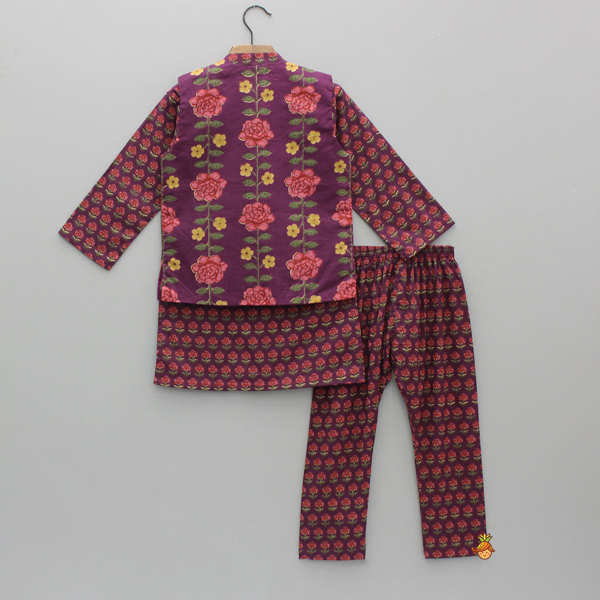 Floral Printed Purple Cotton Kurta With Matching Printed Jacket And Pyjama