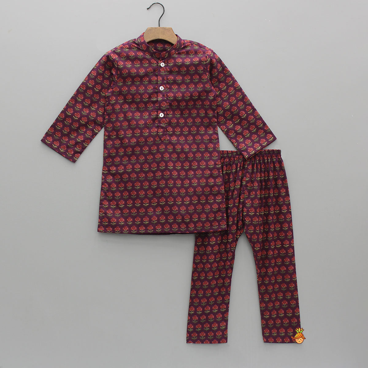 Floral Printed Purple Cotton Kurta With Matching Printed Jacket And Pyjama