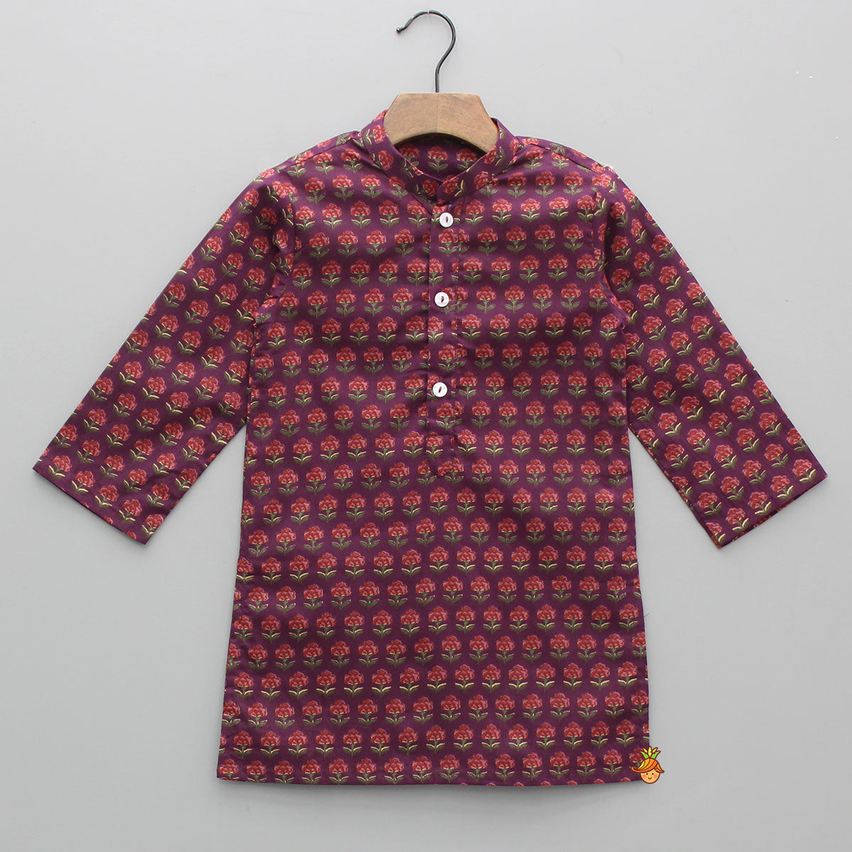 Floral Printed Purple Cotton Kurta With Matching Printed Jacket And Pyjama