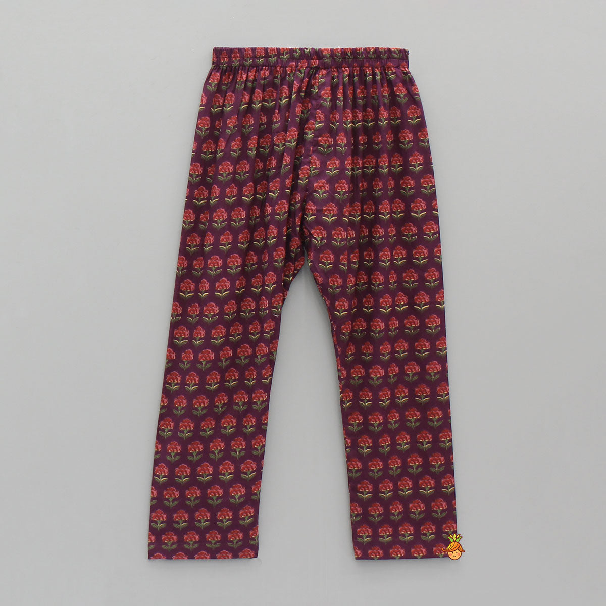 Floral Printed Purple Cotton Kurta With Matching Printed Jacket And Pyjama