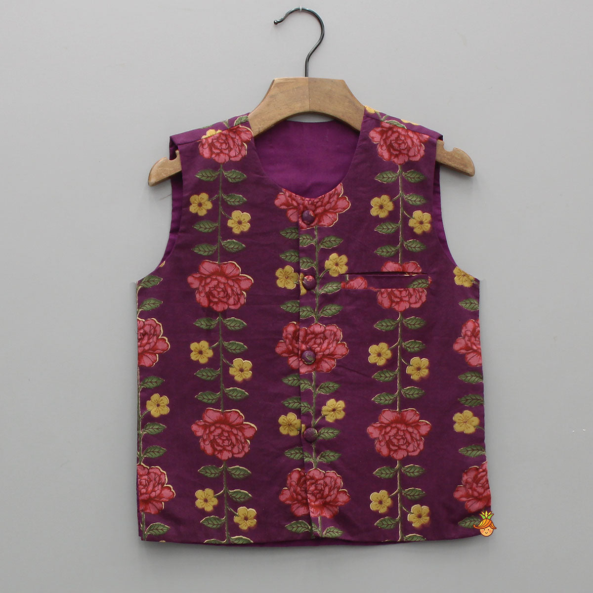 Floral Printed Purple Cotton Kurta With Matching Printed Jacket And Pyjama