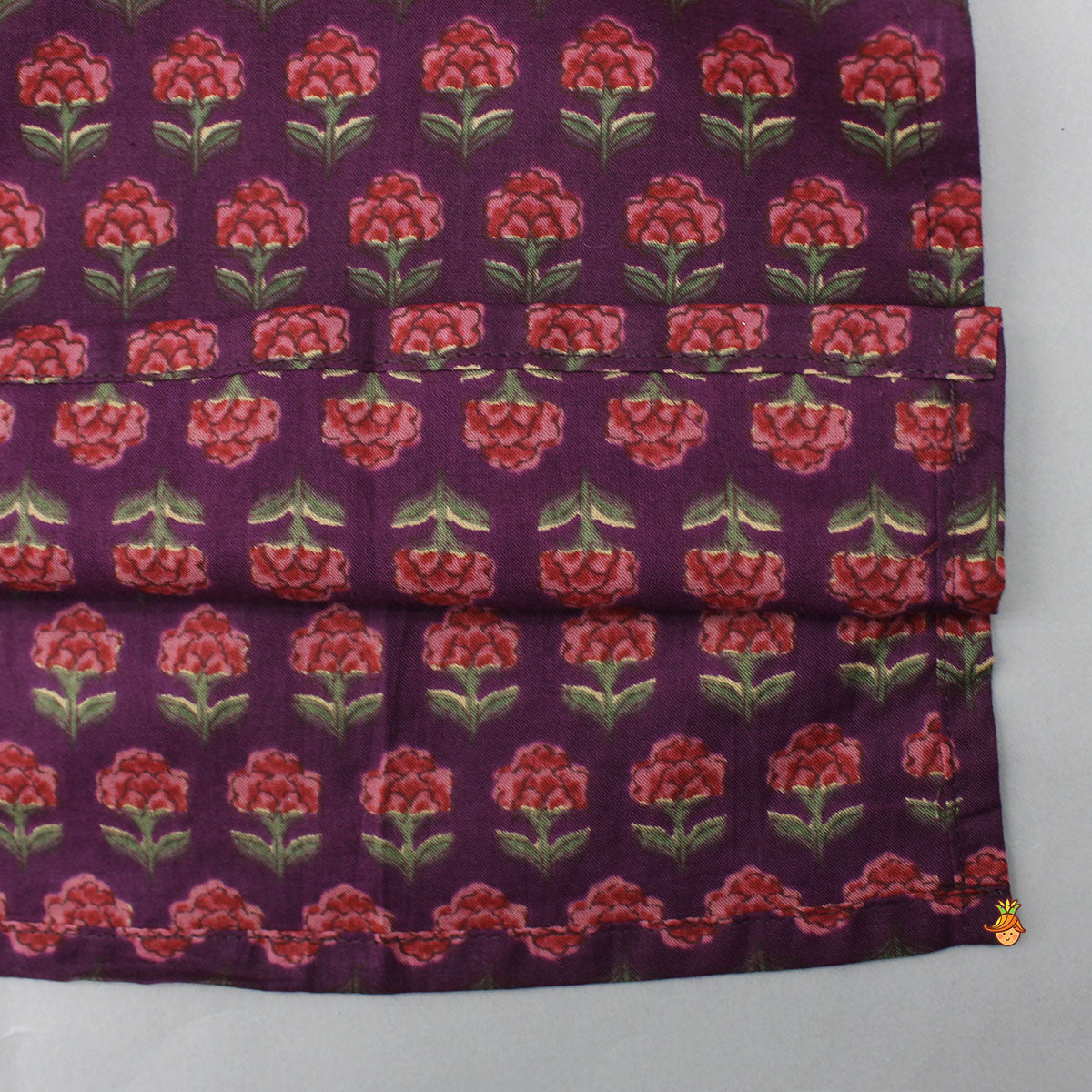 Floral Printed Purple Cotton Kurta With Matching Printed Jacket And Pyjama