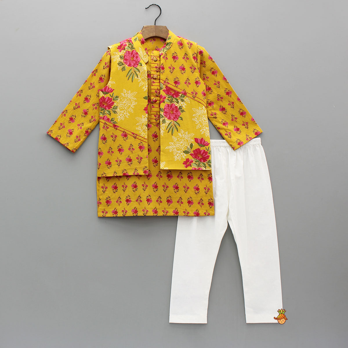 Yellow Floral Printed Kurta With Matching Front Open Jacket And Pyjama