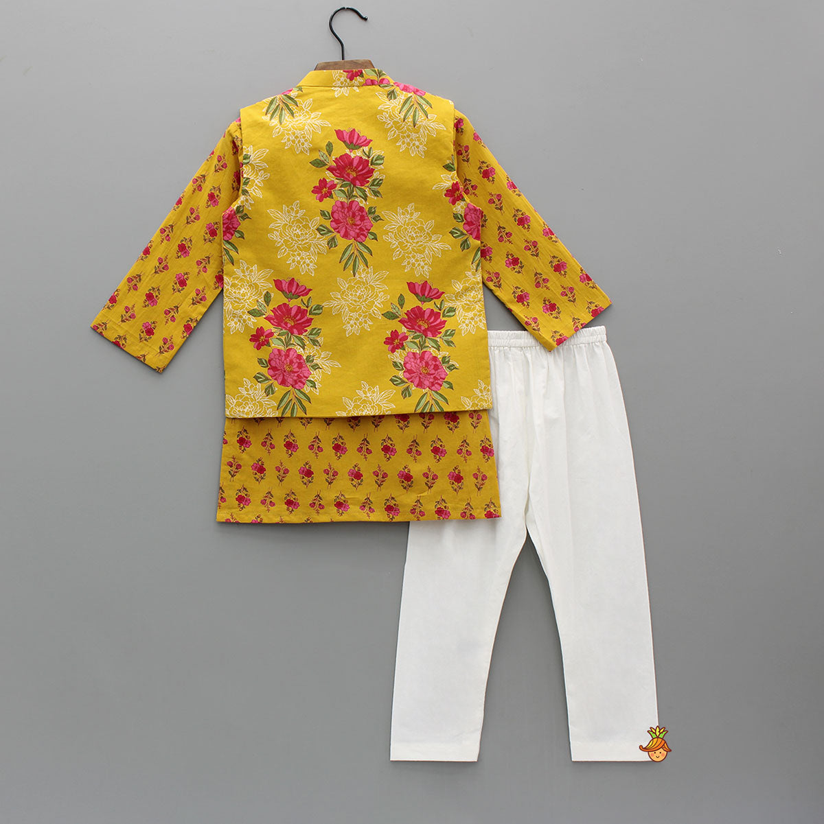 Yellow Floral Printed Kurta With Matching Front Open Jacket And Pyjama