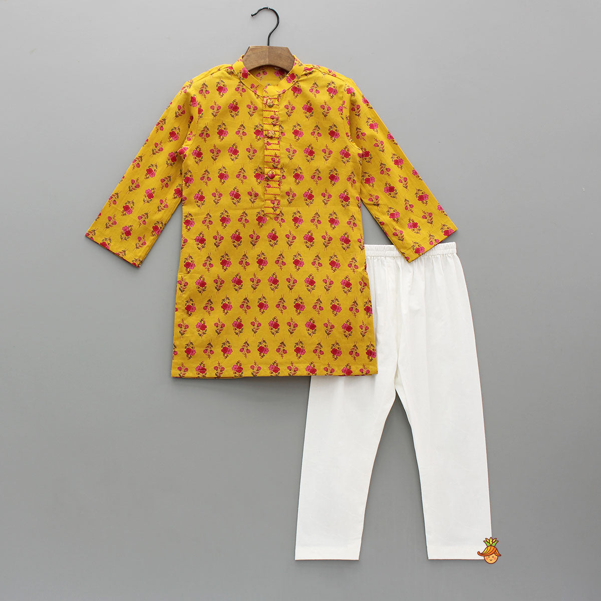 Yellow Floral Printed Kurta With Matching Front Open Jacket And Pyjama