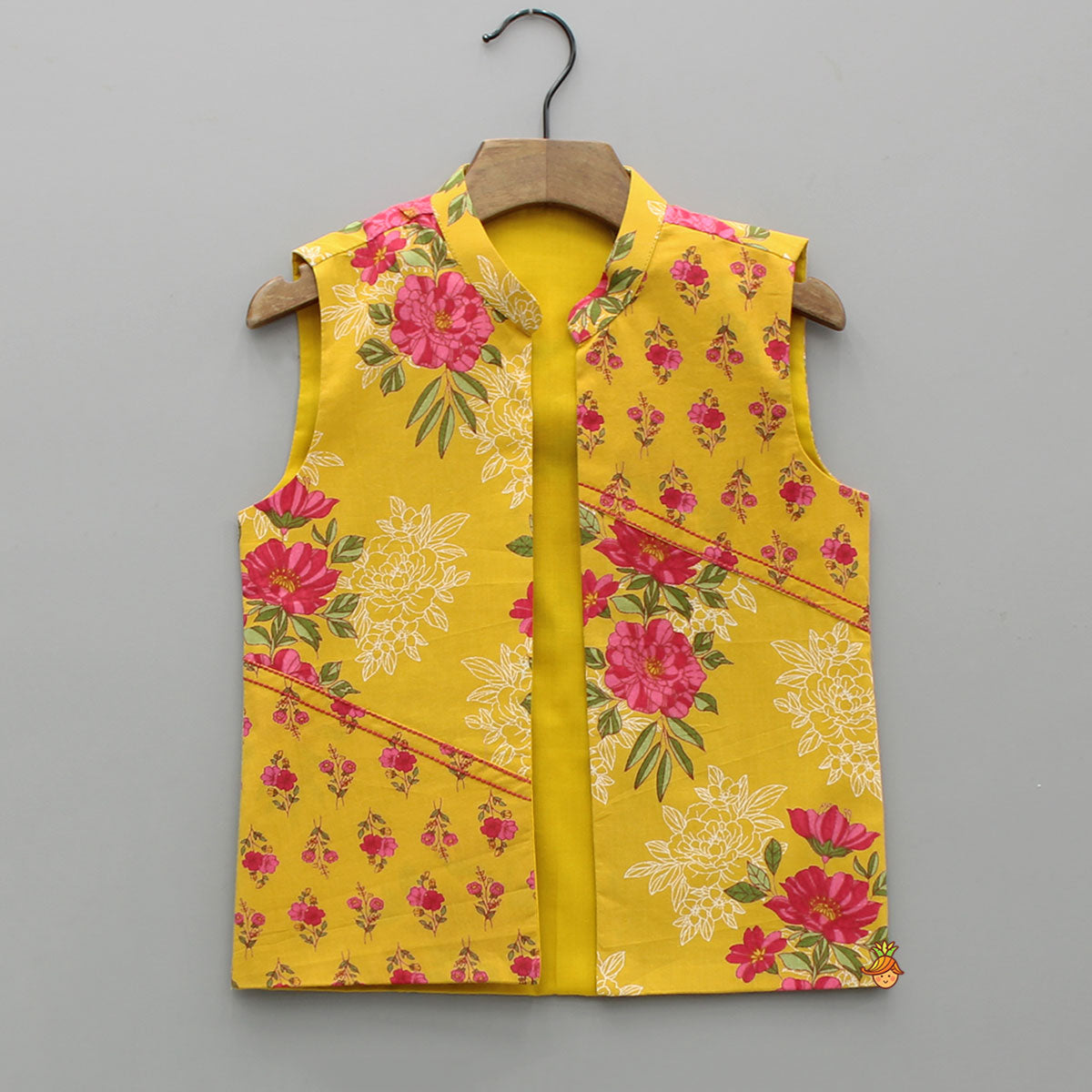 Yellow Floral Printed Kurta With Matching Front Open Jacket And Pyjama