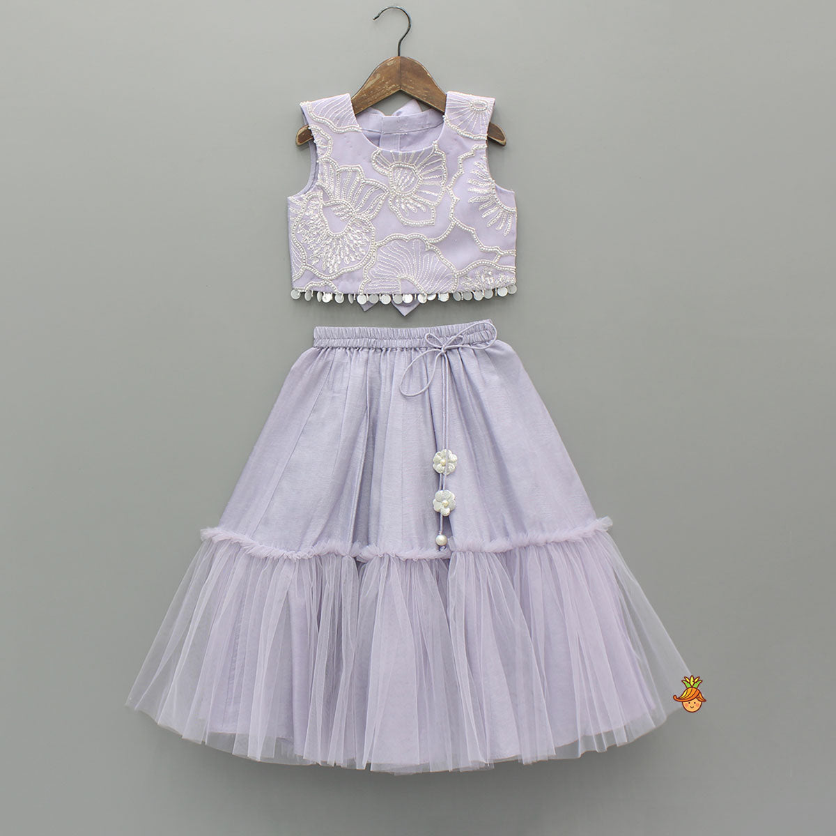 Lavender Bow Adorned Sleeveless Embroidered Top With Lehenga