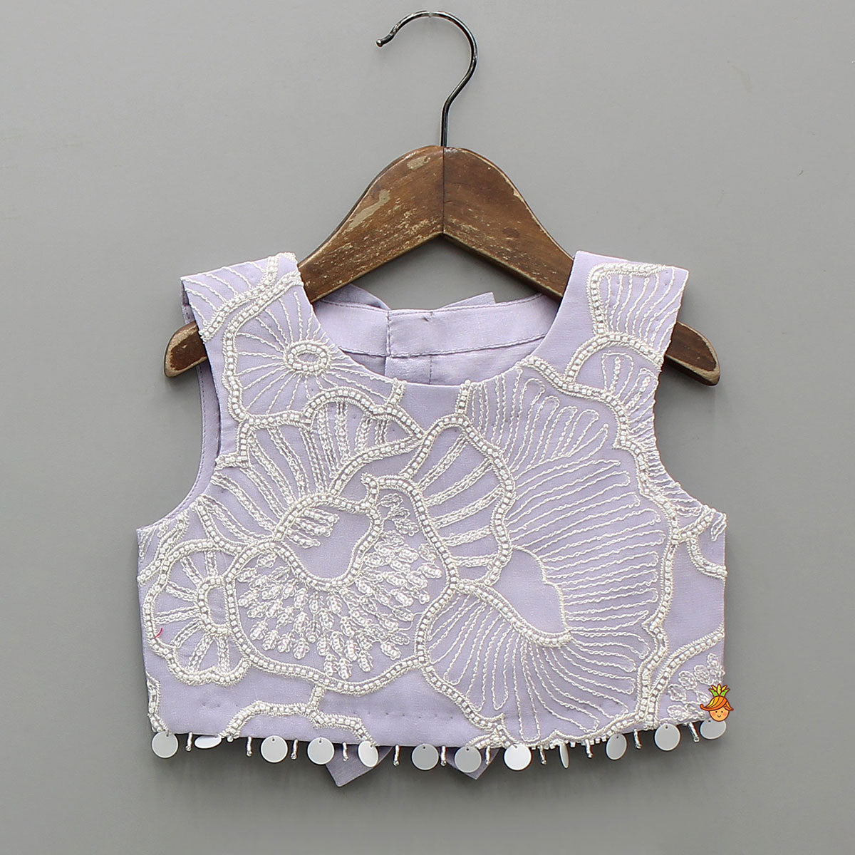 Lavender Bow Adorned Sleeveless Embroidered Top With Lehenga