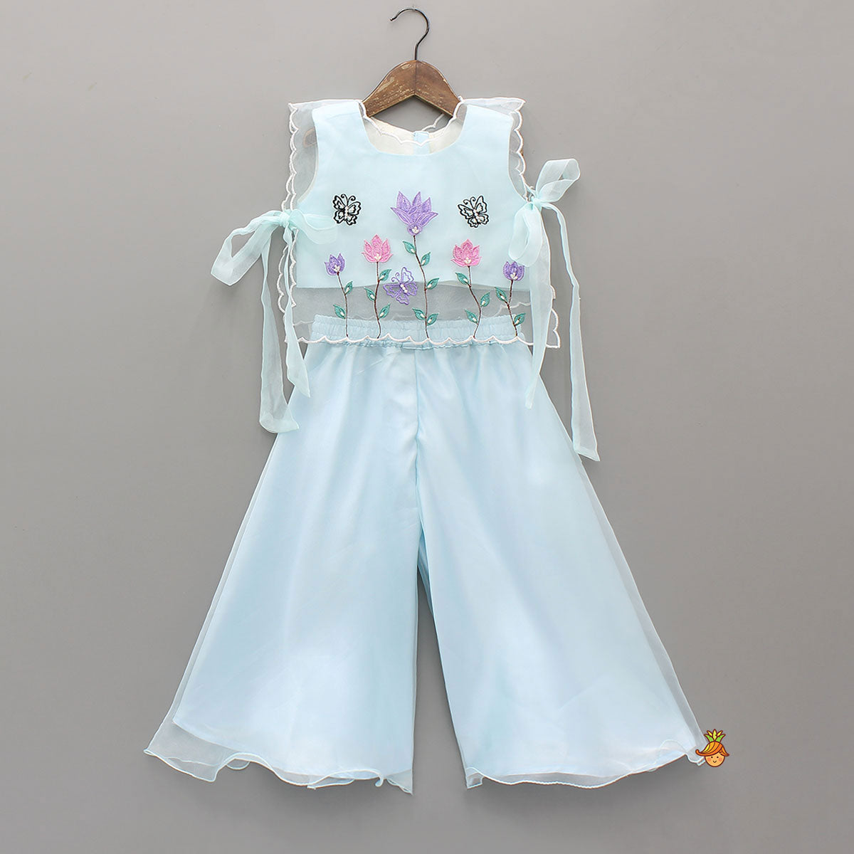 Top With Beautiful Floral Embroidered Organza Cape With Palazzo
