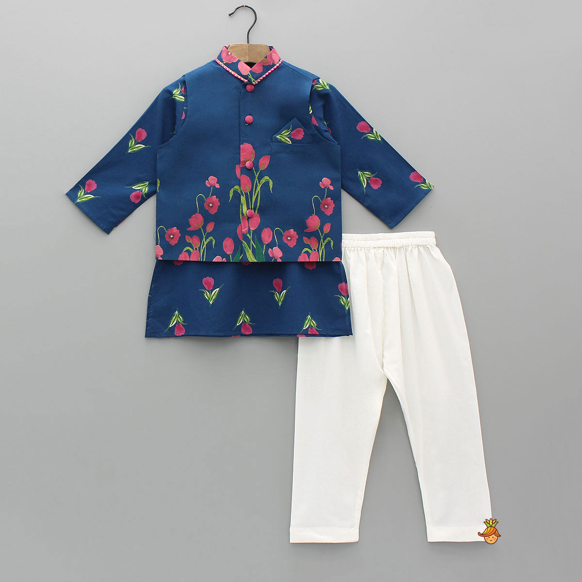 Floral Kurta With Pocket Square Jacket And Churidar