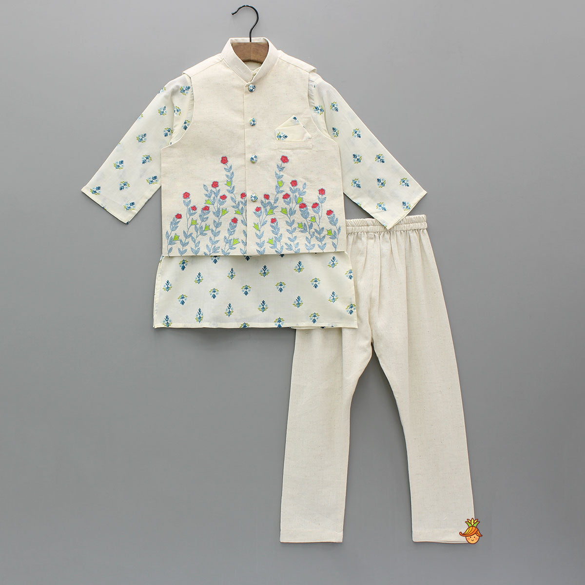 Printed Kurta With Thread Floral Embroidered Jacket And Churidar