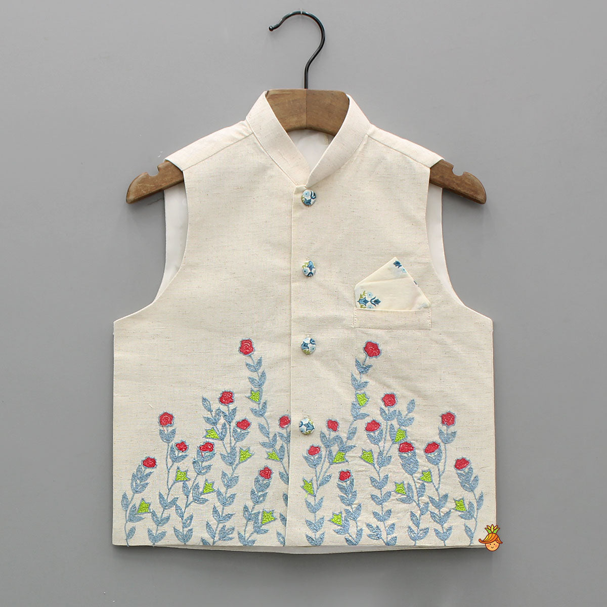 Printed Kurta With Thread Floral Embroidered Jacket And Churidar