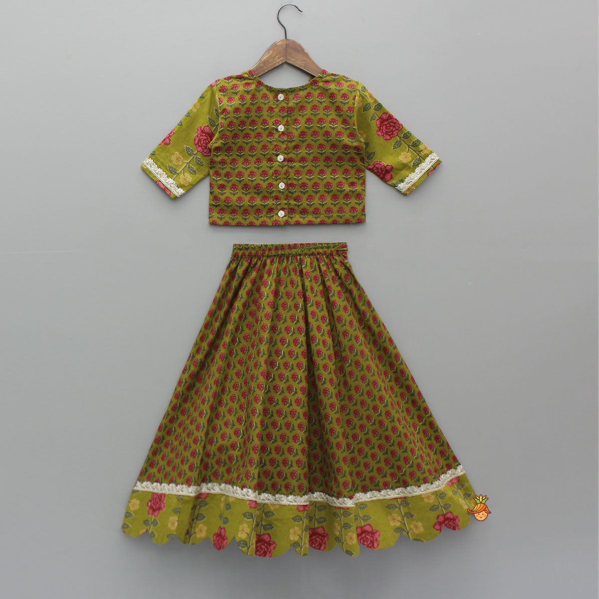 Floral Printed Pin Tuck Detailed Top With Lehenga