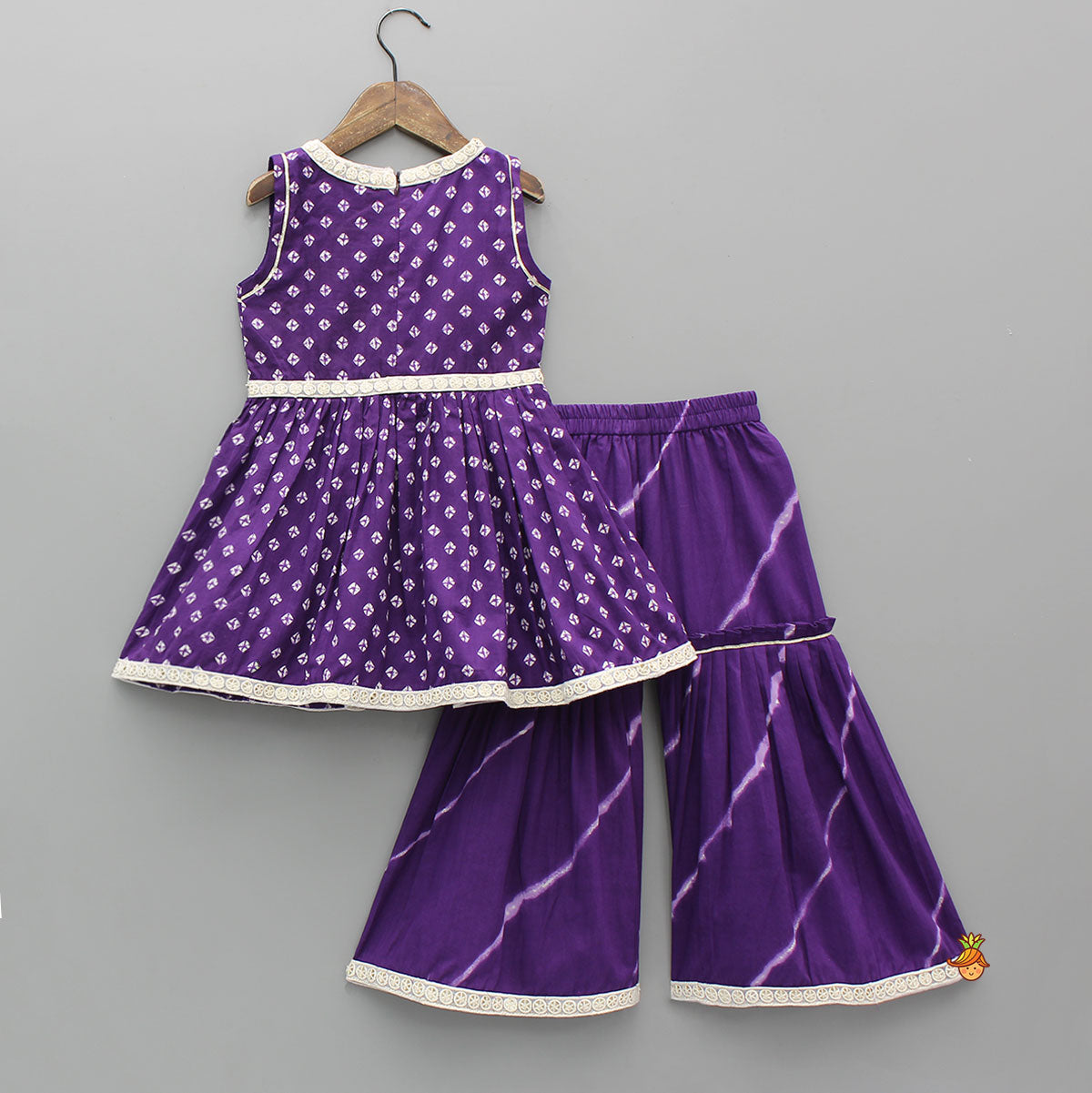Bandhani Printed Ethnic Kurti With Leheriya Sharara And Matching Dupatta
